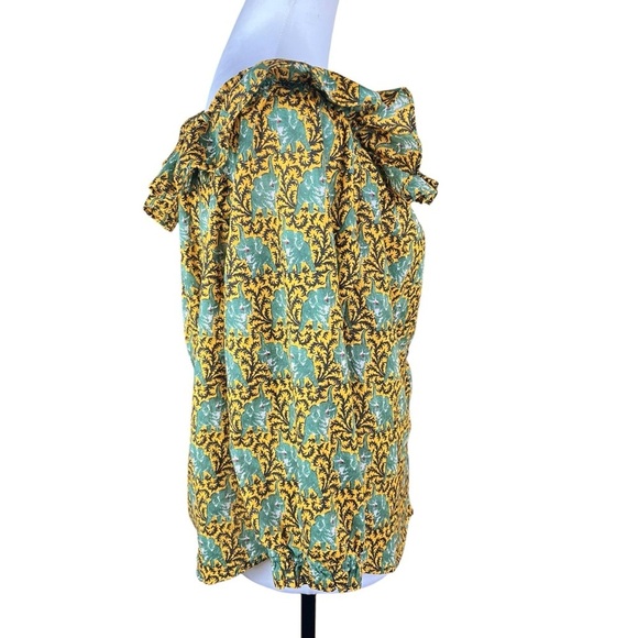 J. Crew Blouse Women’s Size 14 Yellow Off Shoulder Elephant Print Ruffle Cropped - Picture 3 of 8